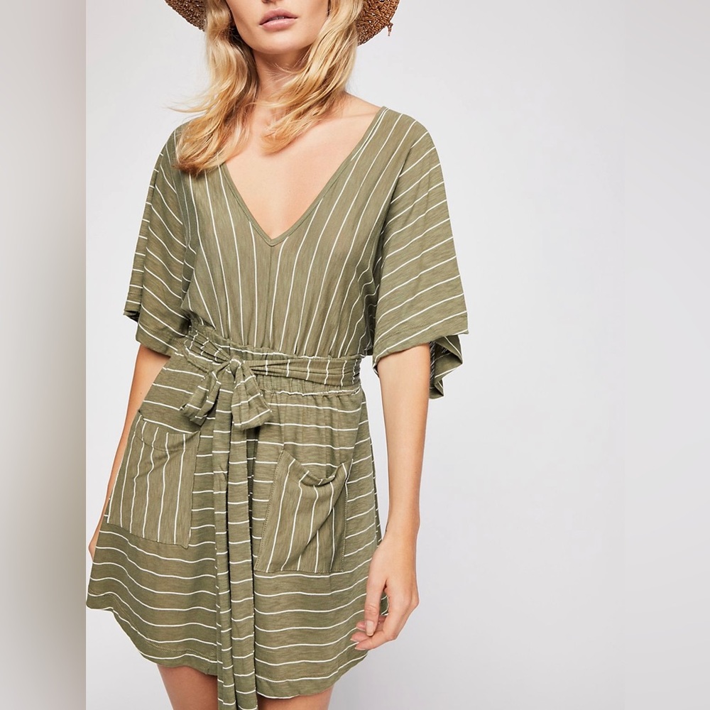 Free People Dress, olive greens with white stripes, used as beach coverup